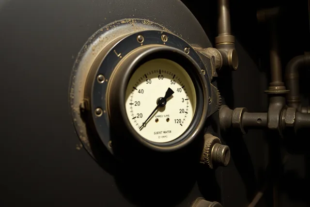 Steam boiler pressure gauge and sight glass in a Chicago basement. Chicago heating, plumbing and roofing checks for older housing stock