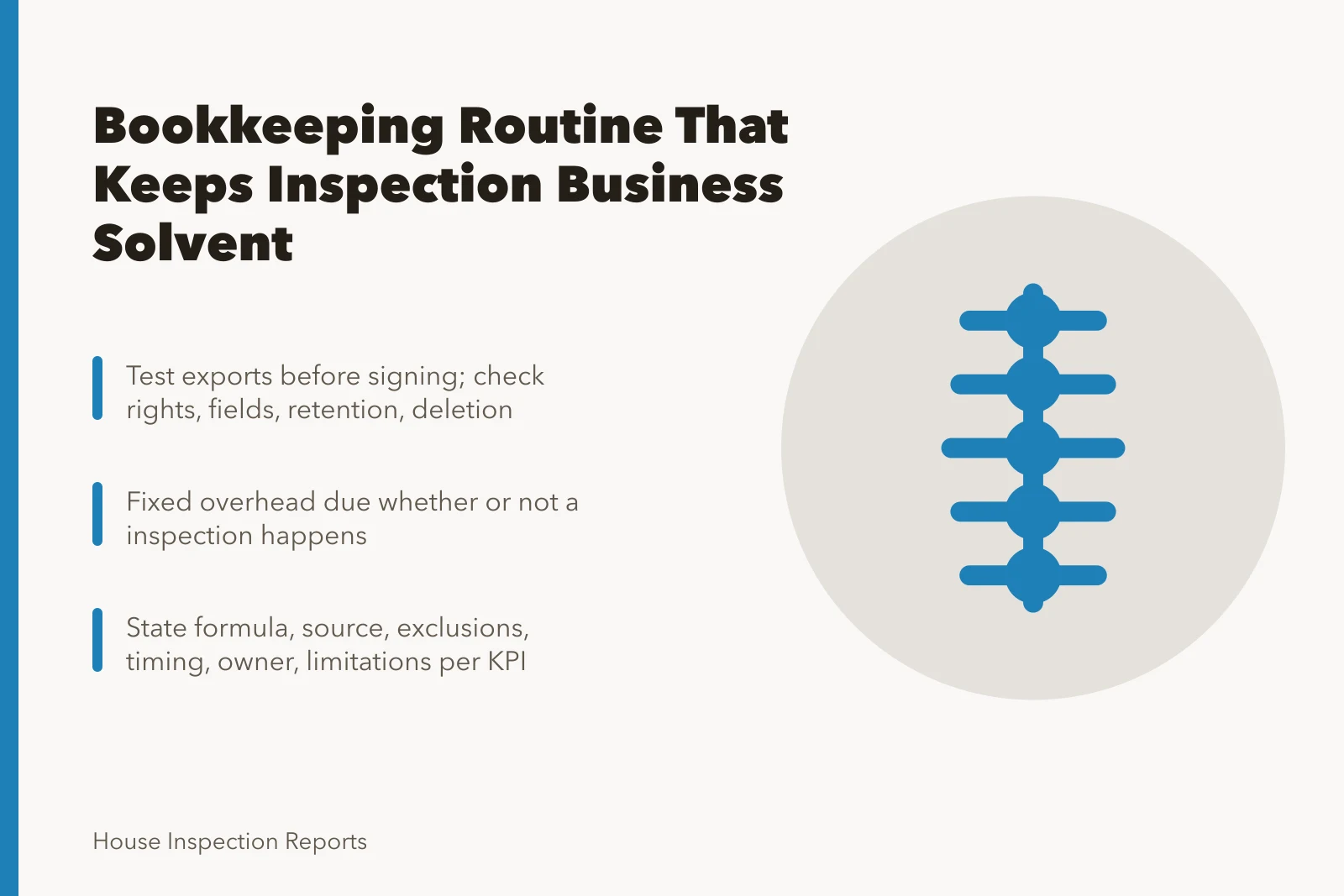 Card on home inspection bookkeeping routine, costs, and KPI checks. The bookkeeping routine that keeps a home inspection business solvent