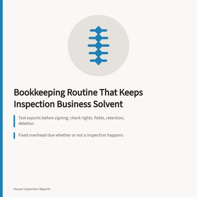 Card on home inspection bookkeeping routine, costs, and KPI checks. The bookkeeping routine that keeps a home inspection business solvent
