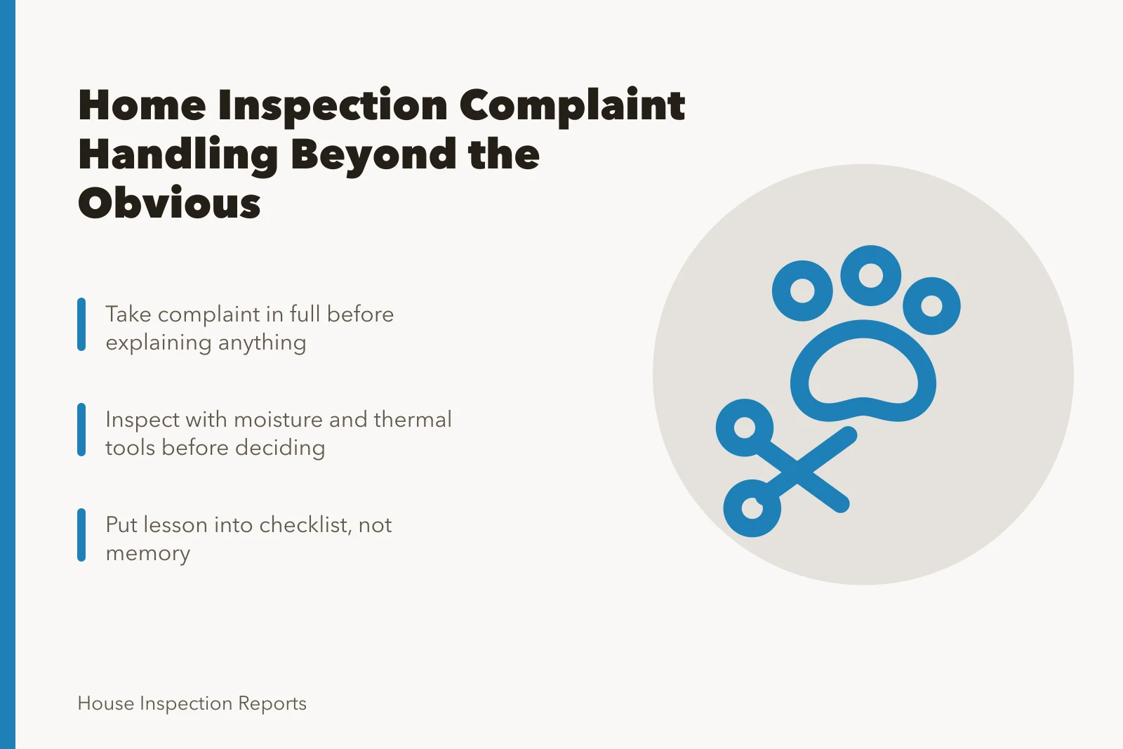 Card summarizing home inspection complaint handling steps and checklist updates. Home inspection complaint handling beyond the obvious for 2027