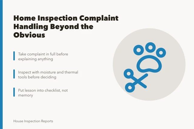 Card summarizing home inspection complaint handling steps and checklist updates. Home inspection complaint handling beyond the obvious for 2027