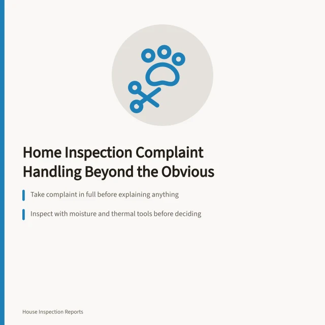 Card summarizing home inspection complaint handling steps and checklist updates. Home inspection complaint handling beyond the obvious for 2027