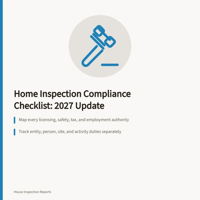Card summarizing home inspection compliance checklist steps and authorities. The short version of home inspection compliance checklist (2027 update)