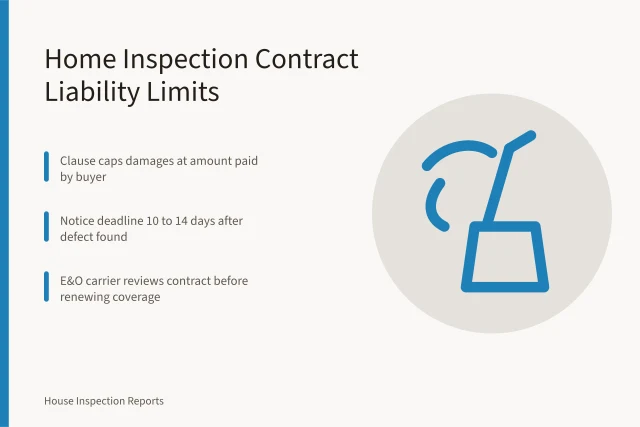 Card summarizing home inspection contract liability limitation clauses and notice deadlines. Home Inspection Contract Clauses That Limit Liability for Inspectors