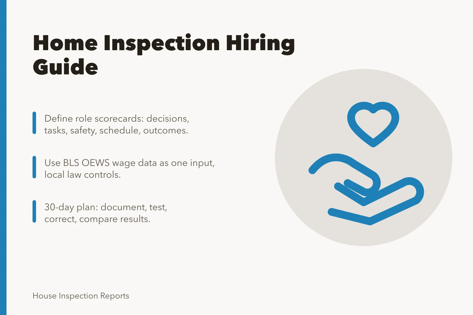 Card with hiring guide title and three key points for home inspection staffing. Home inspection staff: finding and developing them