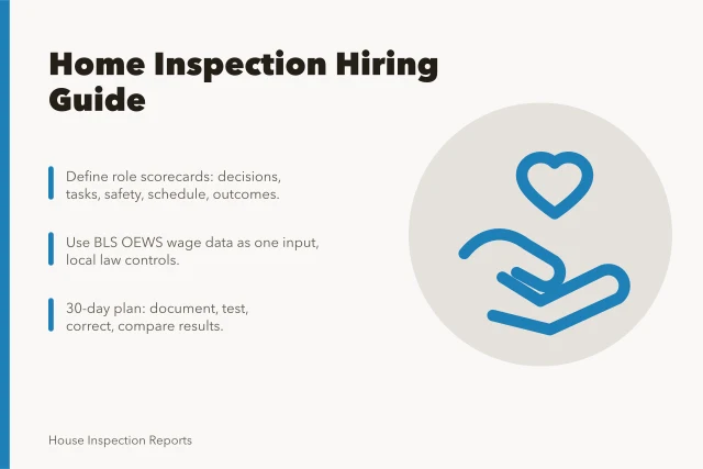 Card with hiring guide title and three key points for home inspection staffing. Home inspection staff: finding and developing them