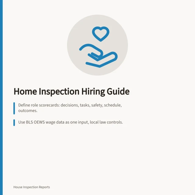 Card with hiring guide title and three key points for home inspection staffing. Home inspection staff: finding and developing them