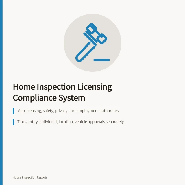 Card summarizing home inspection licensing and compliance authority mapping. Running a home inspection business by the rules: licences and compliance