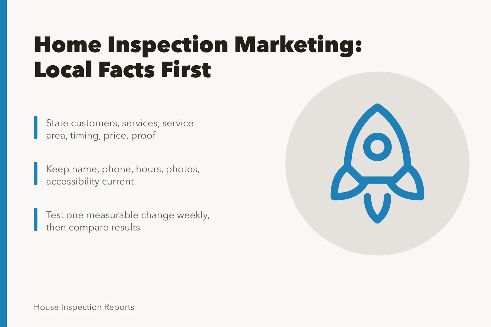 Card summarizing home inspection marketing lessons on local accuracy and testing. 4 lessons worth learning about home inspection marketing