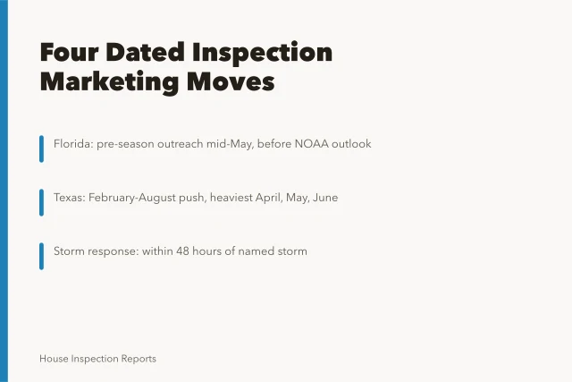 Calendar icon for seasonal home inspection marketing moves in Florida and Texas. 4 seasonal marketing moves for inspection businesses in Florida and Texas