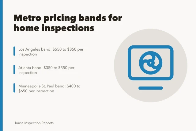 Chart of home inspection price bands across three U.S. metros. Pricing inspections in high-cost and low-cost U.S. metros, a data approach
