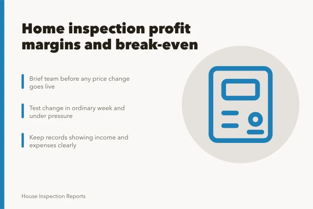 Card on home inspection profit margins, pricing changes, and recordkeeping. Home inspection profitability: the numbers owners watch