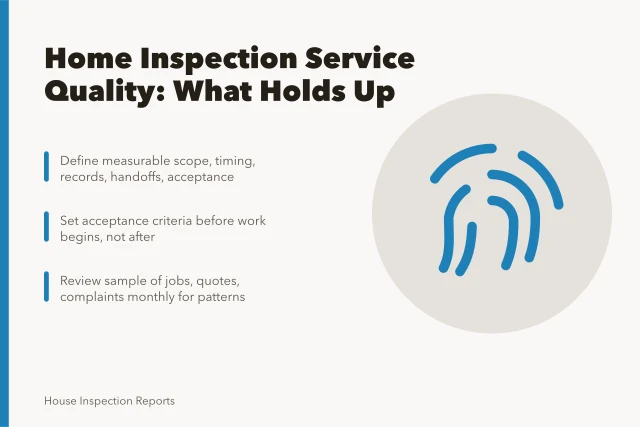 Card summarizing home inspection service quality review criteria and steps. Home inspection service quality reviewed: what holds up and what does not