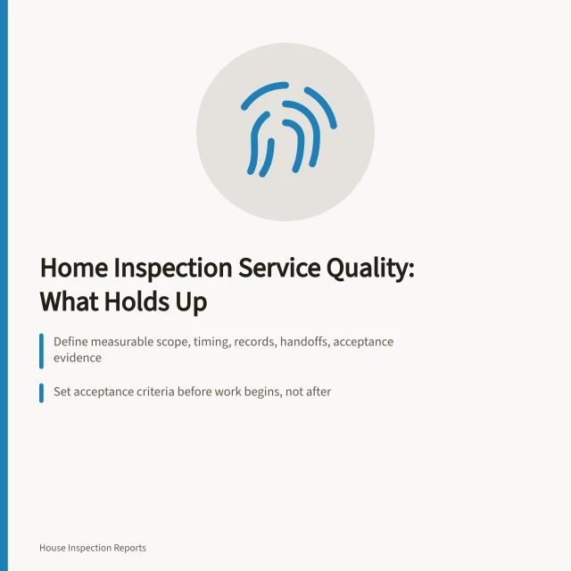 Card summarizing home inspection service quality review criteria and steps. Home inspection service quality reviewed: what holds up and what does not
