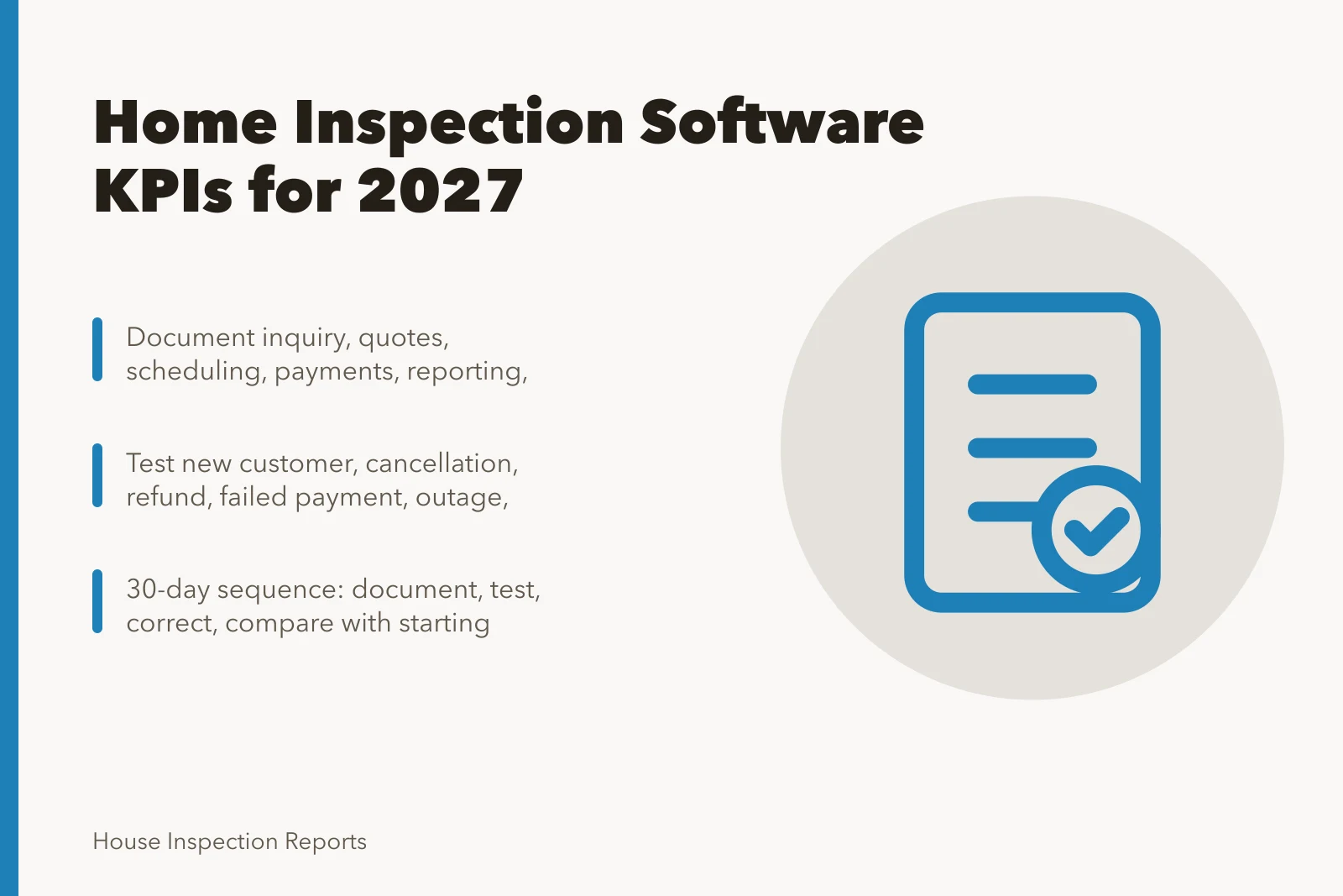 Card summarizing home inspection software KPIs and 30-day implementation steps. Home inspection software and the KPIs it should report for 2027