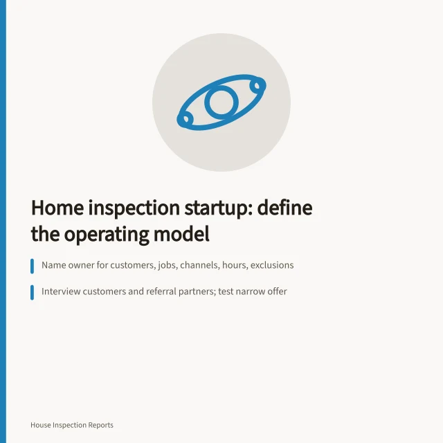 Card outlining home inspection startup operating model steps and 30-day sequence. 3 things to understand about home inspection startup