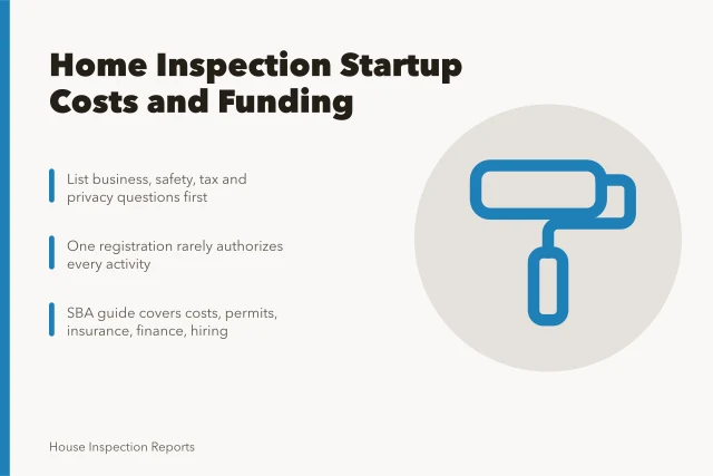 Card on home inspection startup costs, funding paths and regulatory checks. Home inspection startup costs explained, with realistic funding paths