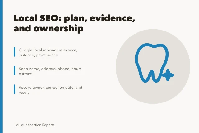 Card summarizing local SEO planning for home inspection business owners. Why local SEO matters more than reviews for home inspection owners