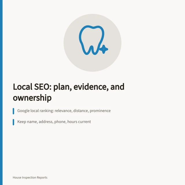 Card summarizing local SEO planning for home inspection business owners. Why local SEO matters more than reviews for home inspection owners