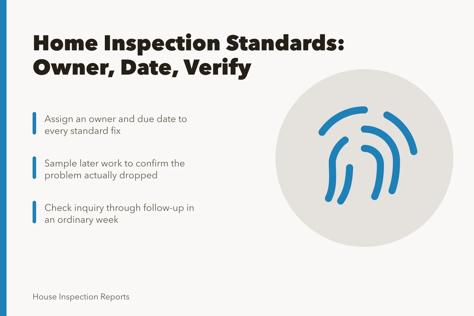 Card summarizing home inspection service standards ownership, verification and review steps. Reviewing home inspection service standards: strengths, gaps and a verdict