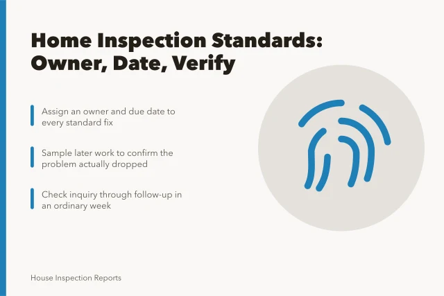 Card summarizing home inspection service standards ownership, verification and review steps. Reviewing home inspection service standards: strengths, gaps and a verdict