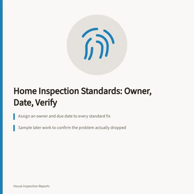 Card summarizing home inspection service standards ownership, verification and review steps. Reviewing home inspection service standards: strengths, gaps and a verdict