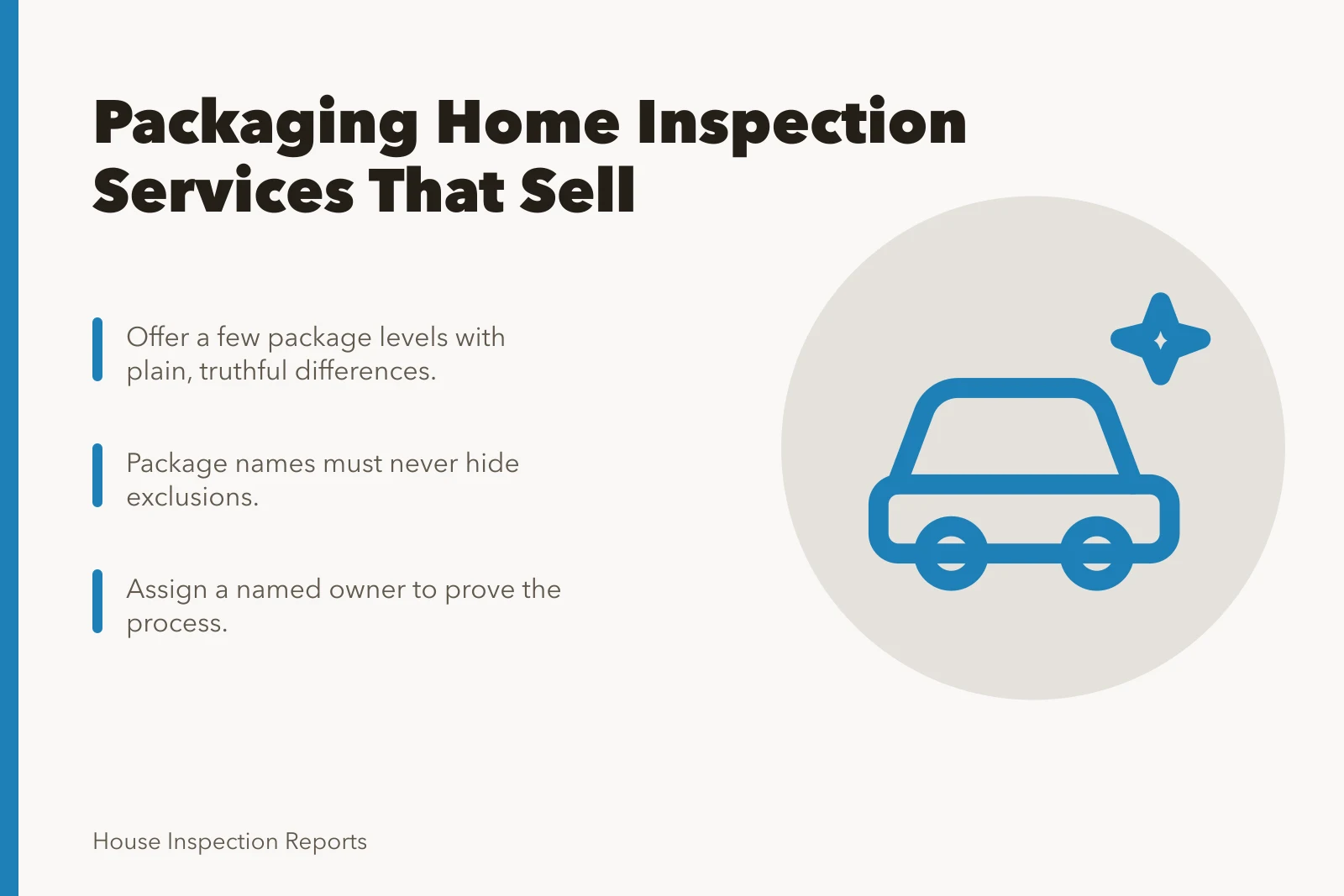 Card outlining home inspection service package choices, ownership, and exclusions. Home inspection service packages that sell
