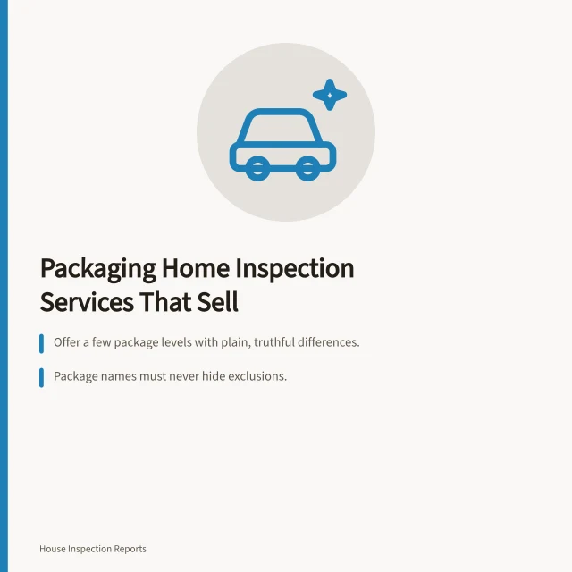 Card outlining home inspection service package choices, ownership, and exclusions. Home inspection service packages that sell
