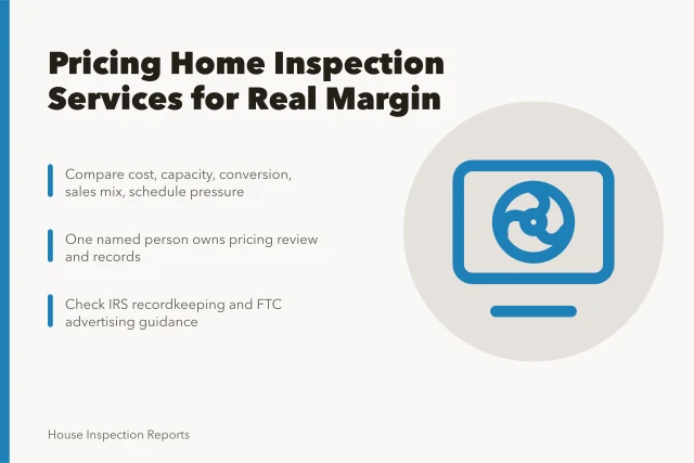 Card on pricing home inspection services with review and recordkeeping steps. Home inspection rates that pay the bills and then some