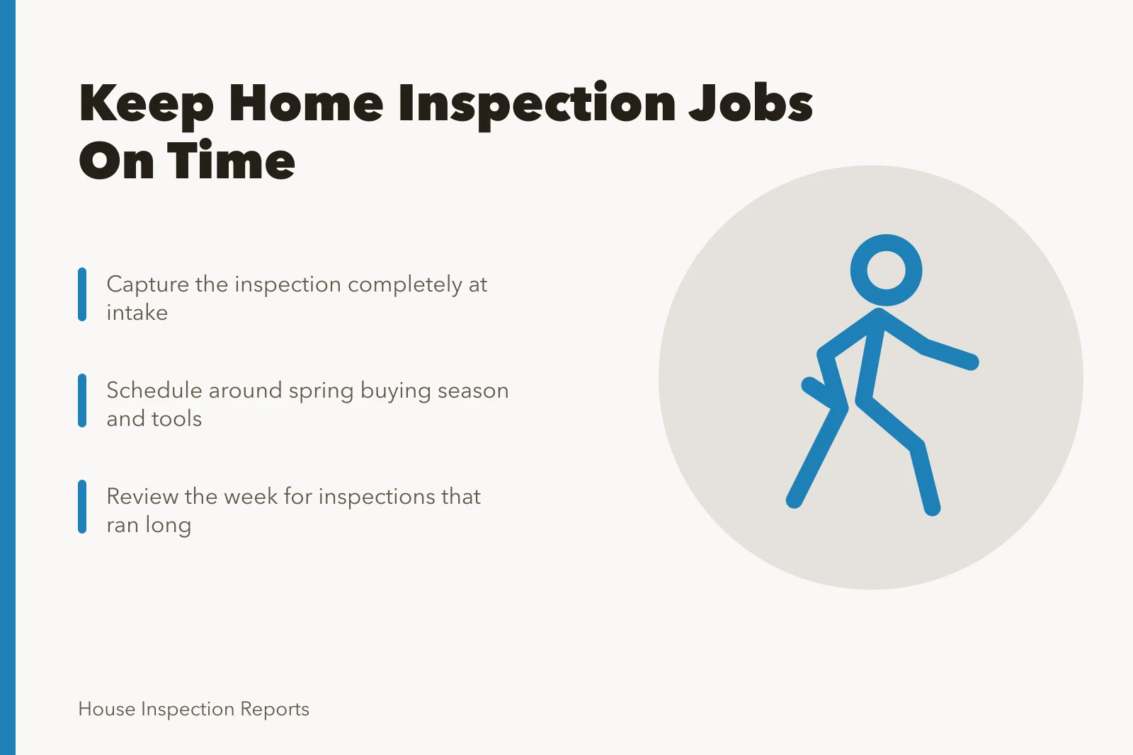 Home inspection scheduling card with intake, seasonal timing, and weekly review steps. How to keep home inspection jobs on time