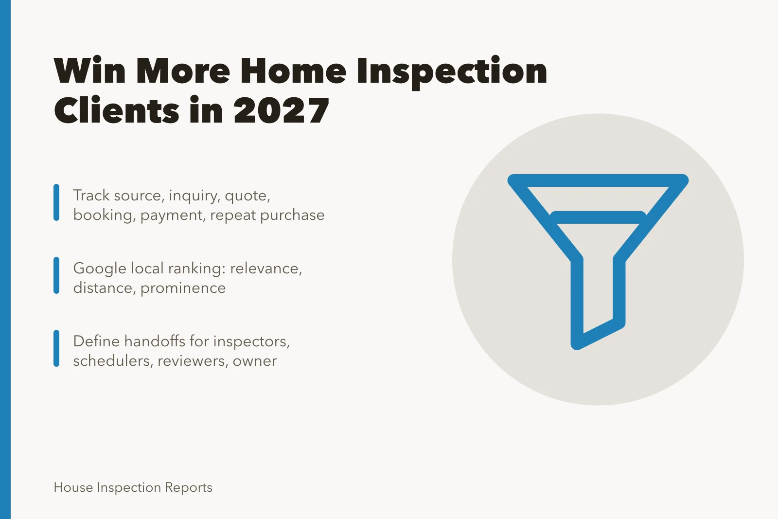 Card outlining home inspection client acquisition steps and channel checks. How to win more home inspection clients in 2027, in plain terms