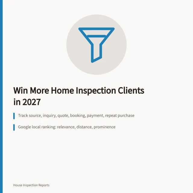 Card outlining home inspection client acquisition steps and channel checks. How to win more home inspection clients in 2027, in plain terms