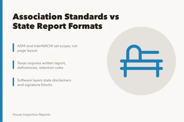 Card comparing ASHI and InterNACHI standards with state inspection report formats. InterNACHI and ASHI report standards vs state formats for inspectors