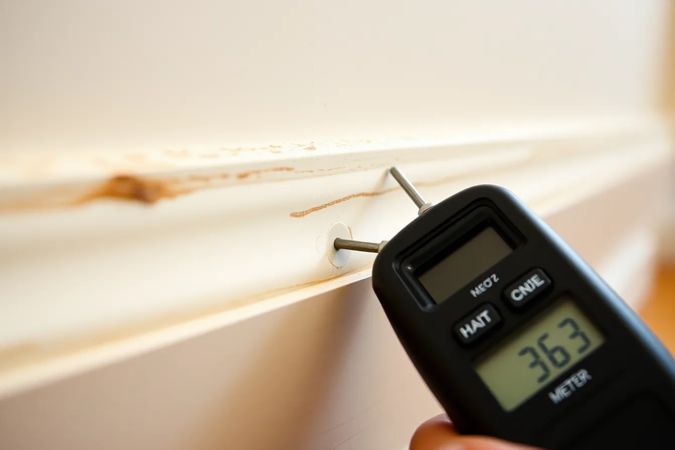 Moisture meter pins pressed into baseboard during a Seattle home inspection. Seattle moisture and mold inspections compared with Denver snow load checks
