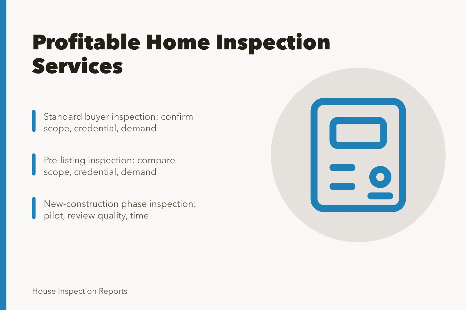 Card listing profitable home inspection services with scope and demand checks. The home inspection services that make the most money