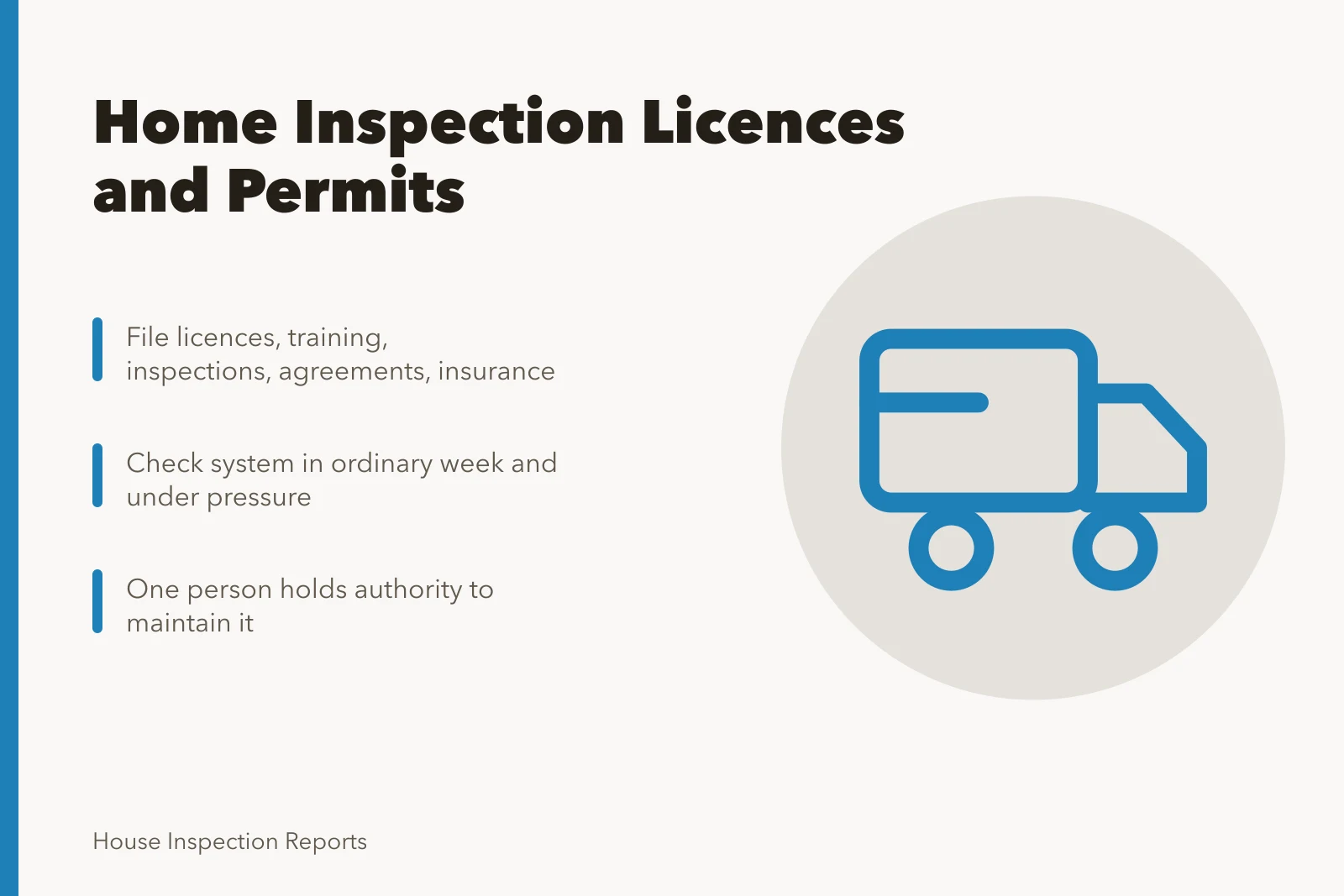 Card listing home inspection business licence and permit record-keeping steps. Home inspection business licences and permits, listed