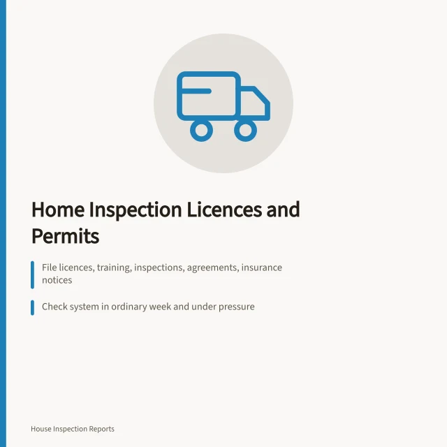 Card listing home inspection business licence and permit record-keeping steps. Home inspection business licences and permits, listed