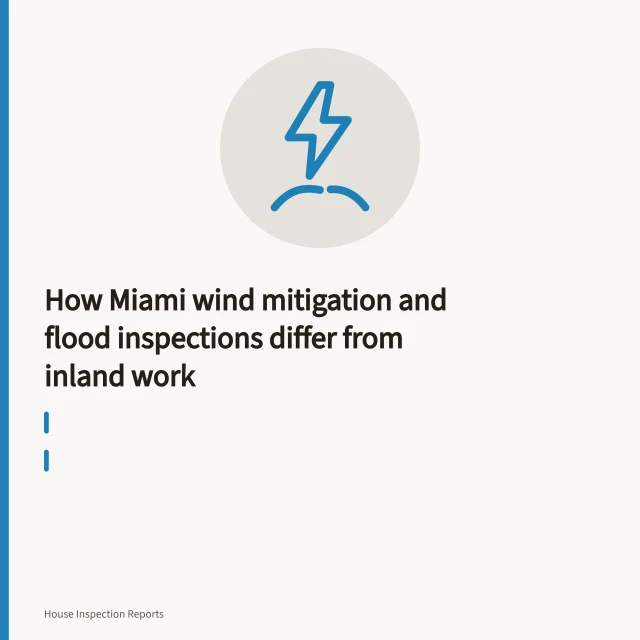 Pin-type moisture meter pressed into a baseboard to read wall cavity dampness. How Miami wind mitigation and flood inspections differ from inland work