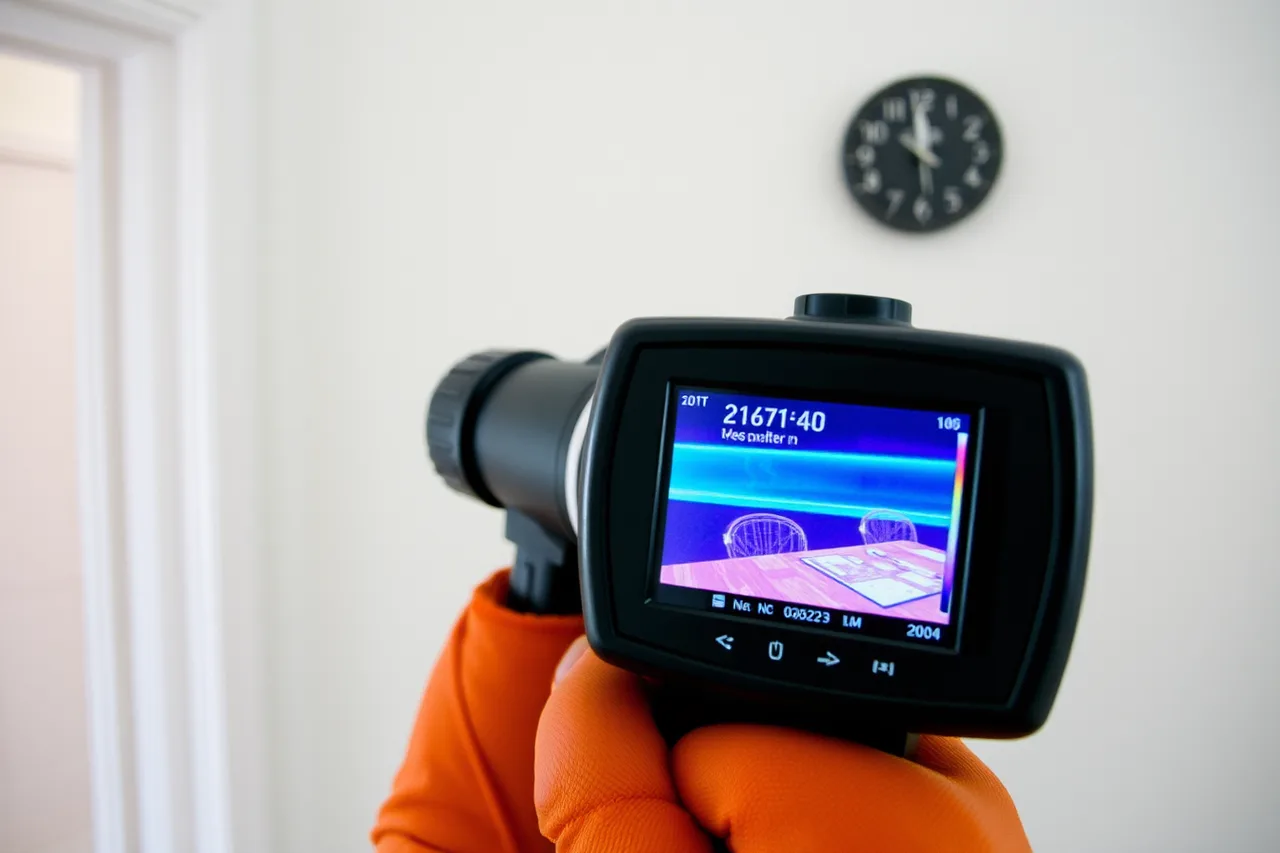 Thermal camera scanning a wall, screen shows cool moisture band (Seattle moisture and mold inspections compared with Denver snow load checks)