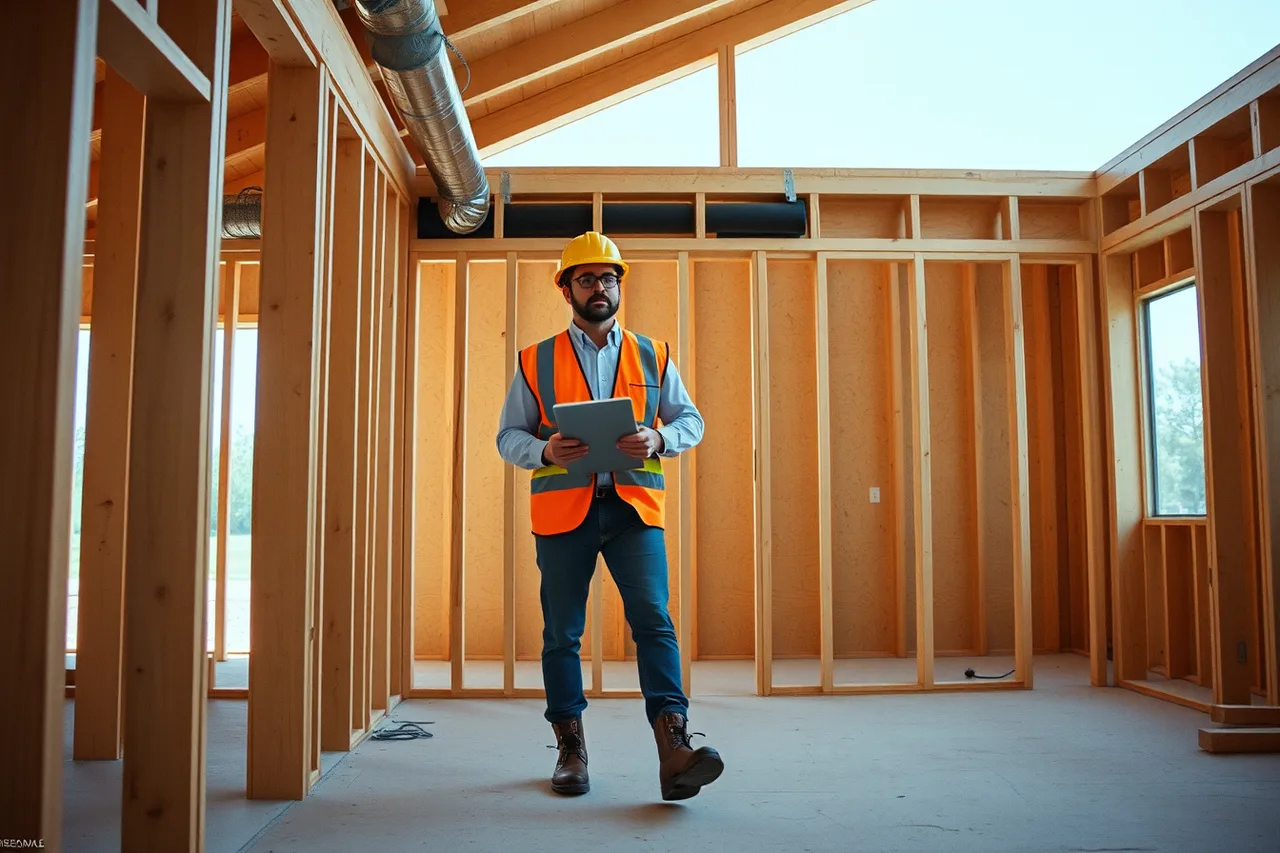Inspector in safety gear walking pre-drywall framing of a new build (Working with real estate agents in Houston and Phoenix, a referral playbook)